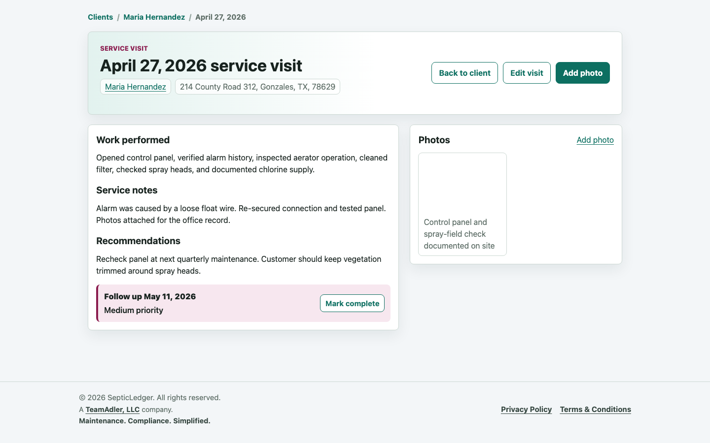 SepticLedger service visit page showing field notes, recommendations, follow-up, and photo documentation